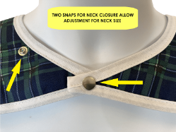 Close-up of adjustable two snap closure on the Admiral Blue Green Plaid Adult Bib