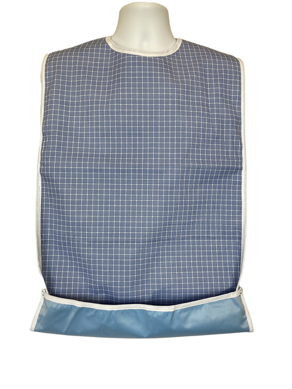 Blue and White Adult Bib Snaps Crumb Catcher with Waterproof Back Barrier