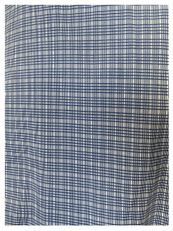 Close up of blue and white crumb catcher adult bib