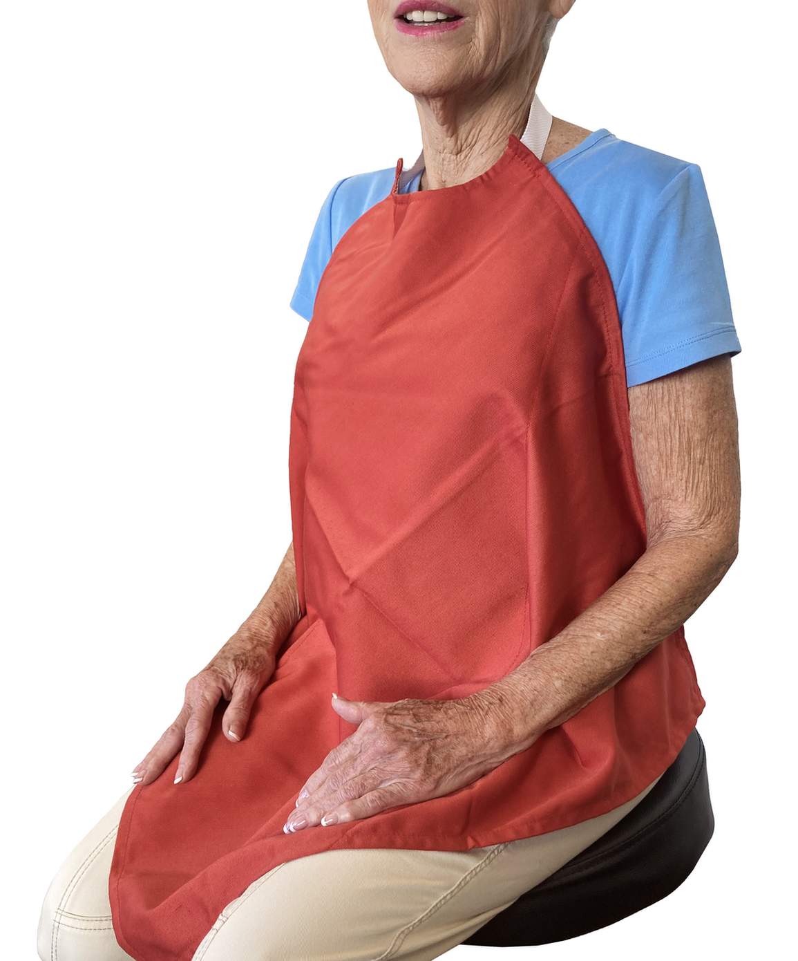 Burgundy Napkin Adult Bib Spun Polyester Waterproof Back on a seated male model