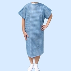 Economy Straight Tie Back Patient Gown Blue with White Flower Pattern