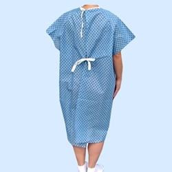 Economy Straight Tie Back Patient Gown Blue with White Flower Pattern