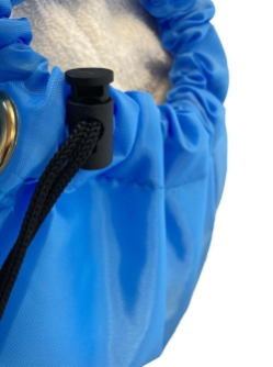 Closeup of Light Blue Polyester Laundry Bag fabric and Toggle