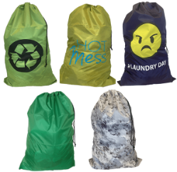 Pack of five laundry bags with assorted prints, patterns and colors
