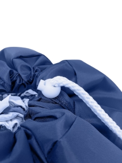 Spring Lock Toggle Closure and Drawstring on a Navy Blue Laundry Bag