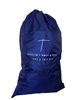 Sample of a blue polyester bag with wash and fold business name and tag line printed on it.