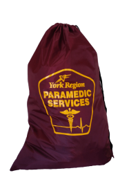 Sample of a burgundy polyester bag with a paramedic service organization logo