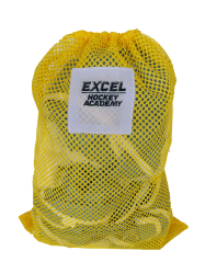 Sample of a yellow mesh laundry bag with black print of hockey sports team