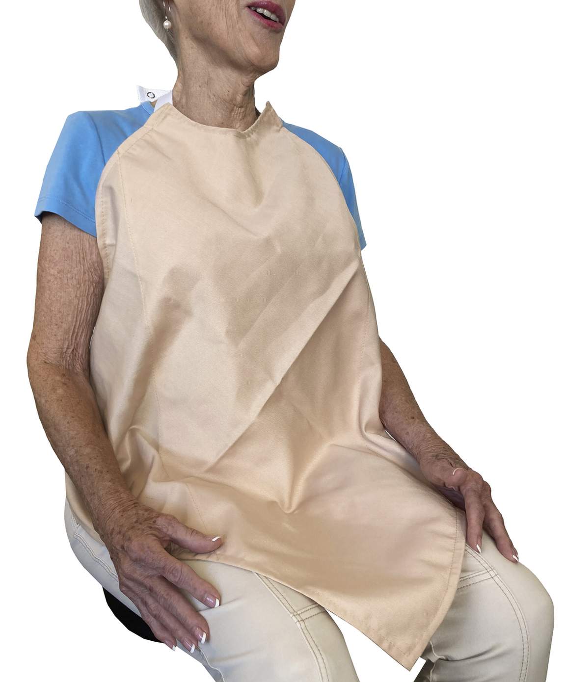 Tan Napkin Adult Bib Spun Polyester Waterproof Back Worn by a Seated Male Model