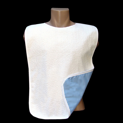 White Adult Bib 18"x30" Terry Cloth with Full Vinyl Waterproof Back Barrier (Each)