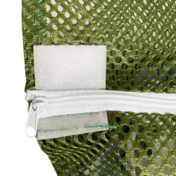Closeup of Zipper on Army Green Mesh laundry Bag