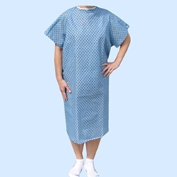 Closeup of White Economy Hospital Gown Unisex with Snowflake Pattern