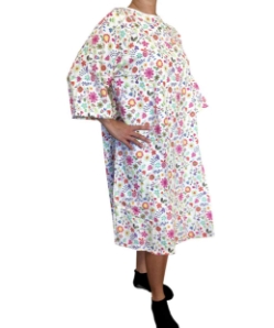Front View of Soft Cotton Ladies Hospital Gown with Longer Sleeves and Floral Print