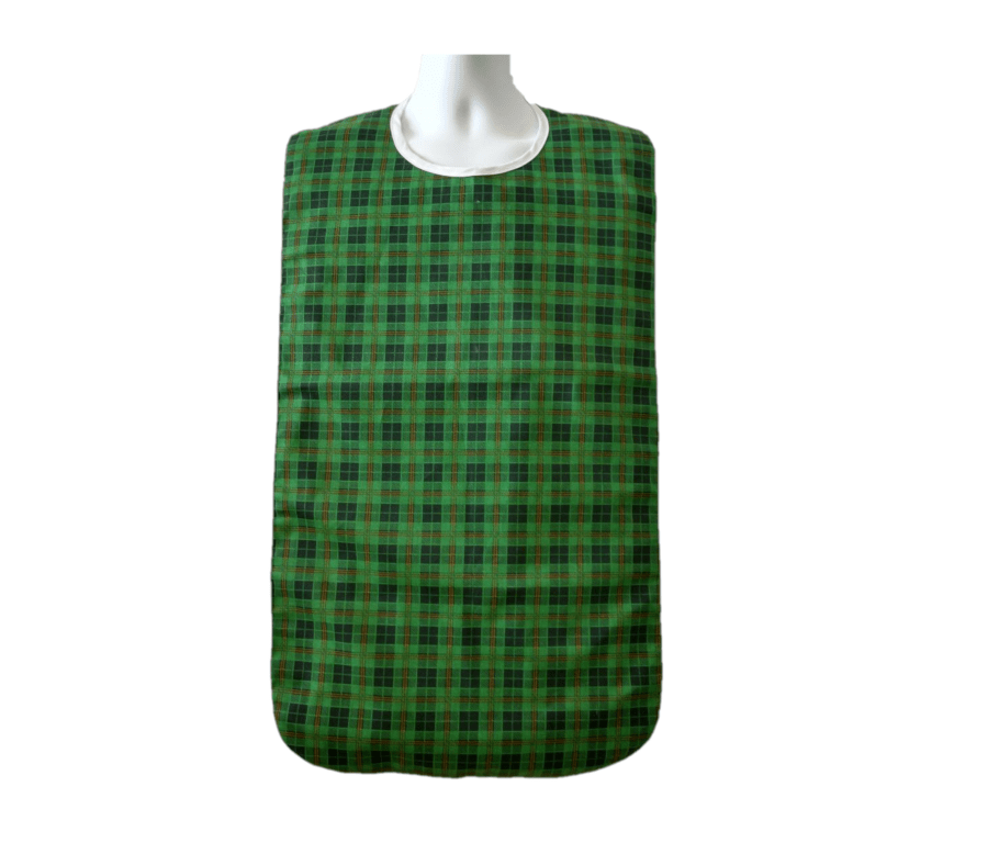 Front View of the Terra Green Checkered Adult Bib with Waterproof Back and snaps