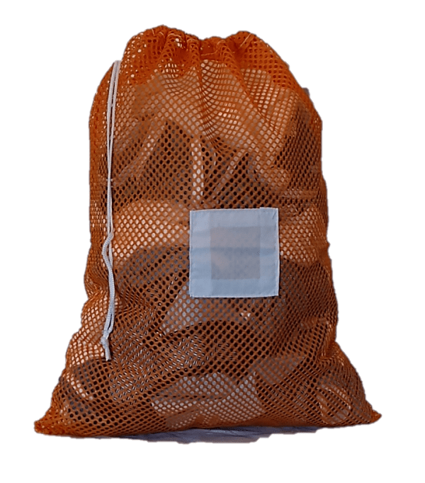 Medium Orange Mesh Net Laundry Bag with Drawstring and Toggle and Sewn in ID Tag in the Front Center